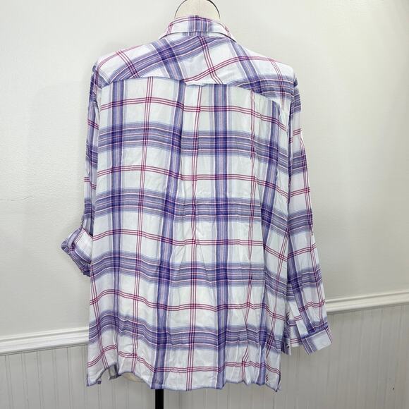 Catherines Plus Size 4X Top Plaid Button Up Roll Tab Sleeve Classic Soft Preppy - Picture 3 of 13